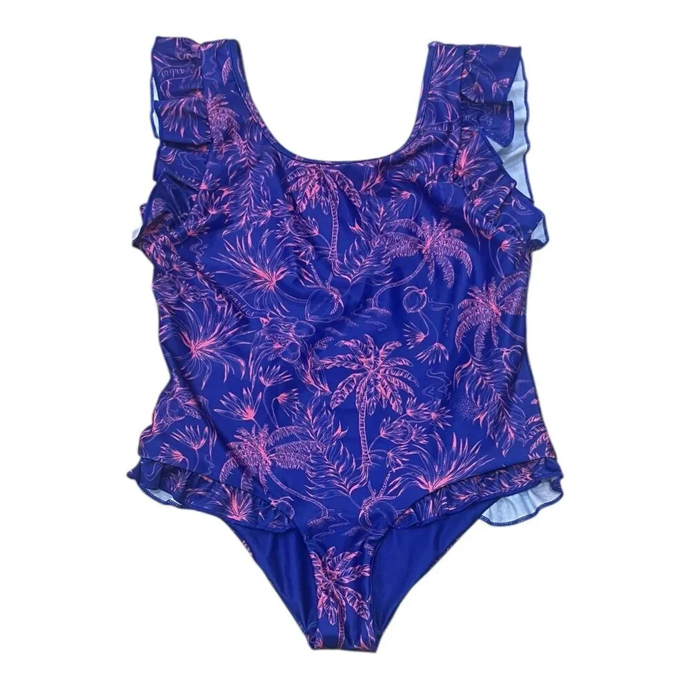 Boardies Purple Palms Ruffle One-Piece Swimsuit Girl 12-13